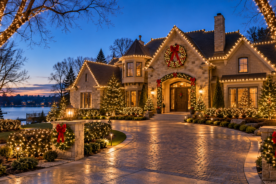 Professionally wrapped trees and landscaping with Christmas lights