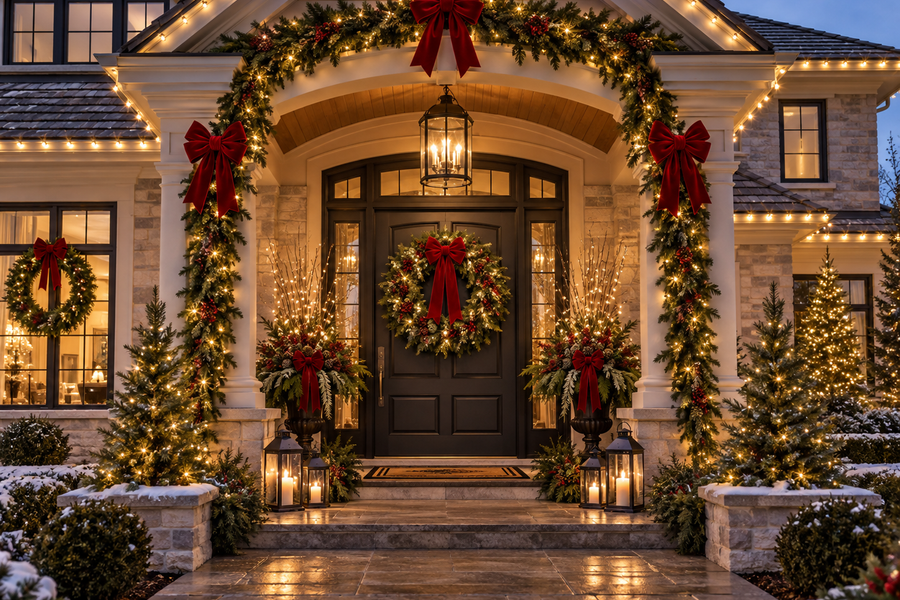 Elegant Christmas wreath with red bow and garland on residential entryway