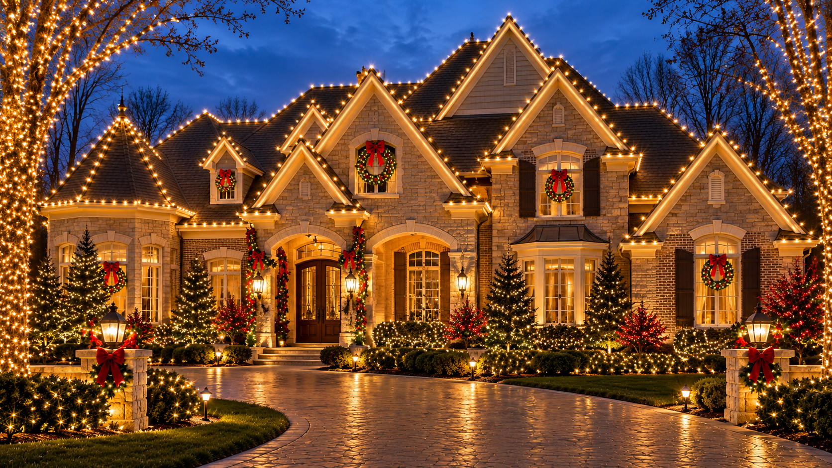 Mature trees professionally wrapped with Christmas lights and illuminated landscaping