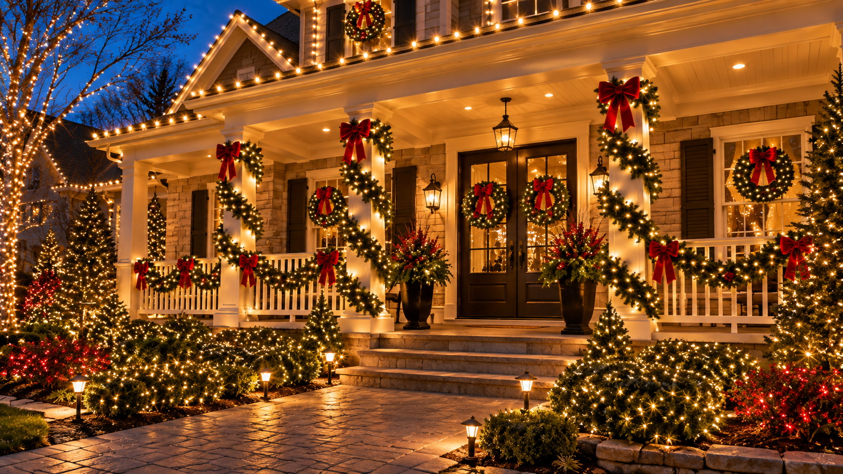 Elegant Christmas wreath garland and decorated entryway on residential home