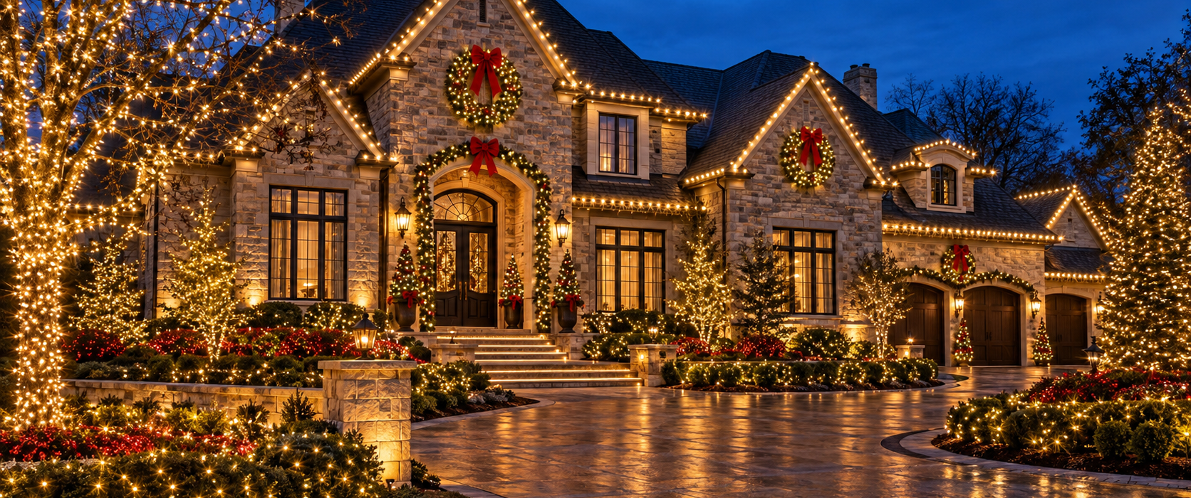 Large stone brick residential home with complete full-property professional Christmas light display in Clarkston Michigan