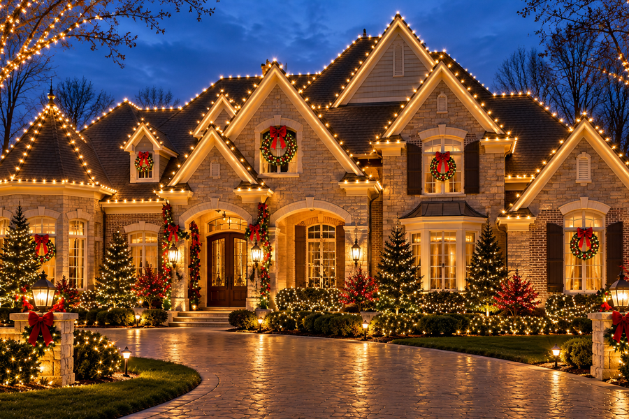 Residential home with crisp clean roofline peaks gables and warm white Christmas lights in Farmington Hills Michigan