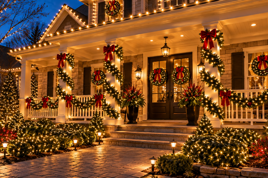 Elegant Christmas wreath with red bow and garland on traditional residential front door in Franklin Michigan
