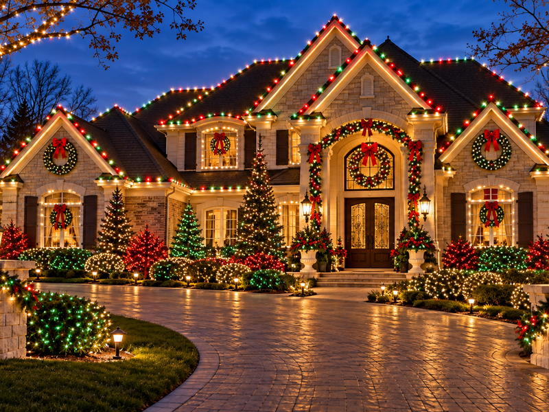 Residential Christmas lights bushes shrubs landscaping