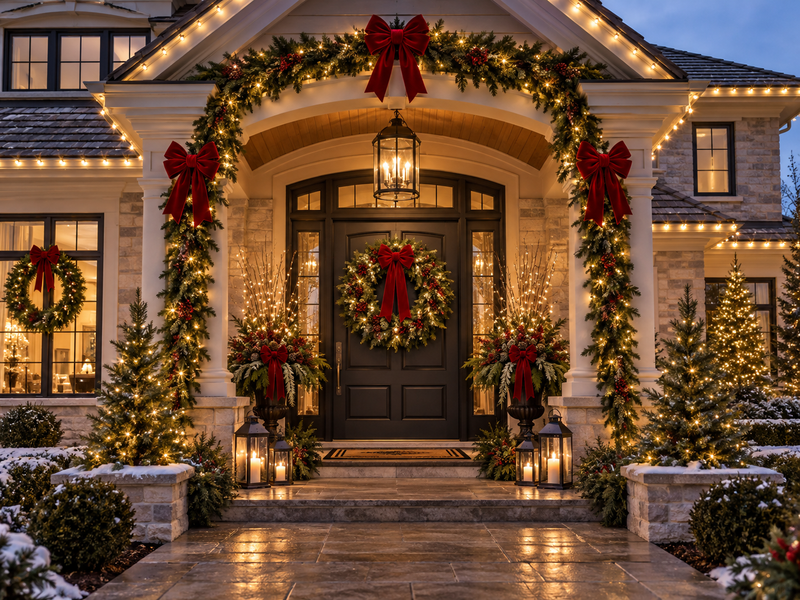 Beautiful front door Christmas wreath red bow garland