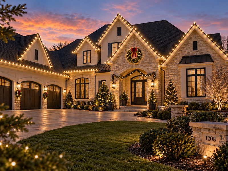 Clean roofline Christmas lights residential home
