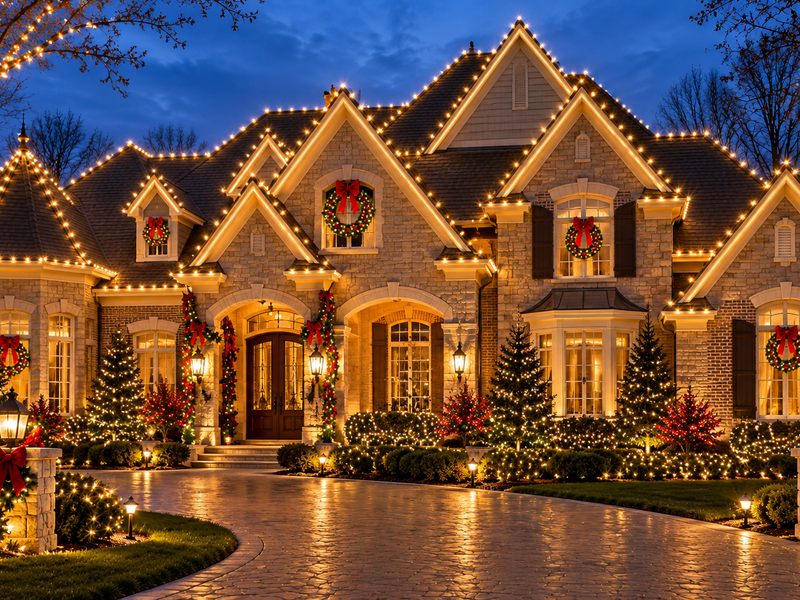 Multiple peaks gables architectural Christmas lighting