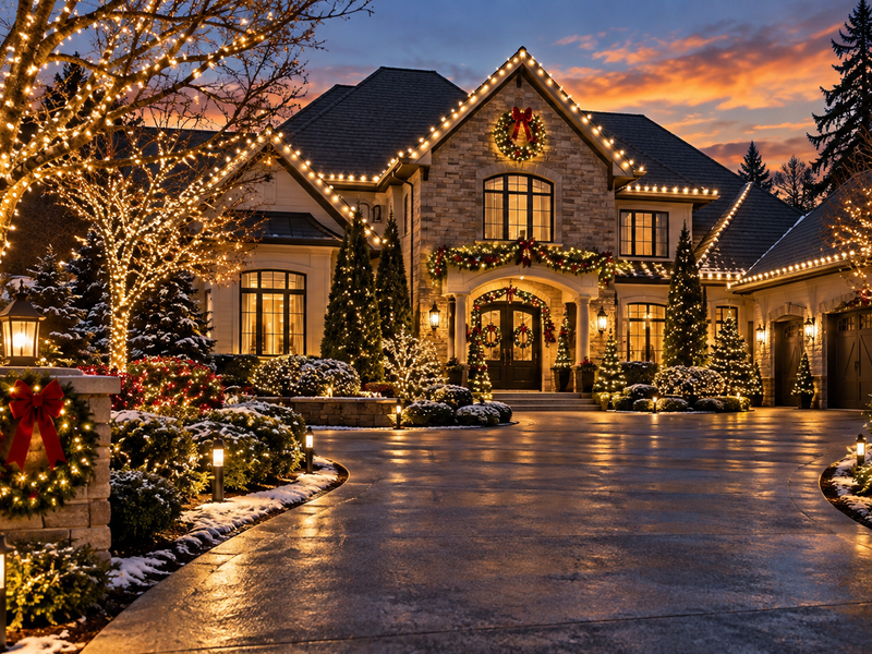 Brick stone home roofline dormers Christmas lights