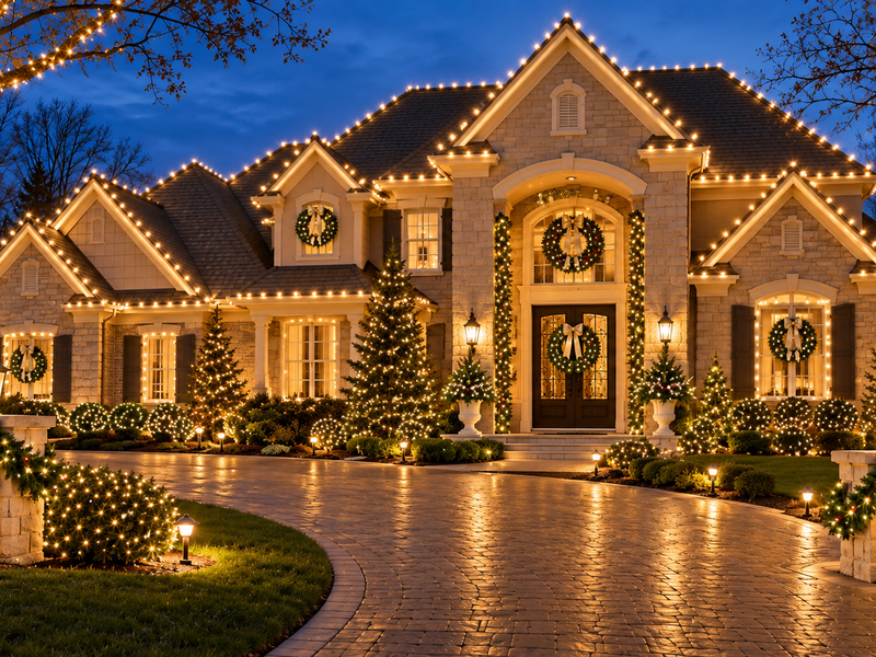 Tall mature trees illuminated Christmas lights residential property