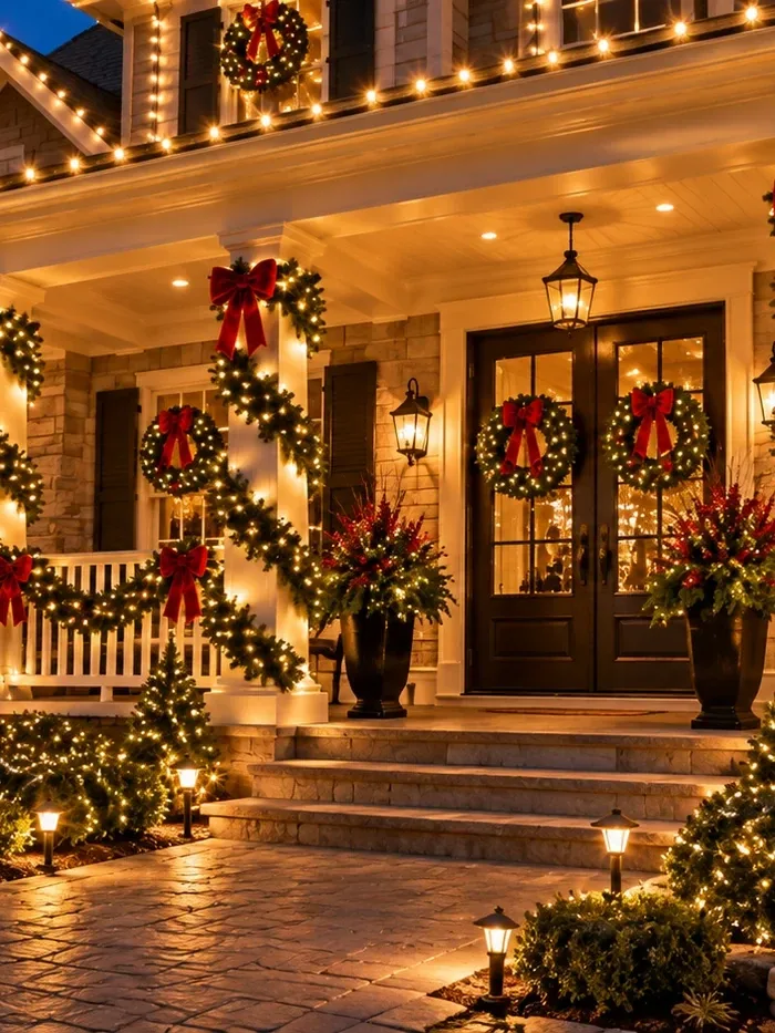 Beautifully decorated home with professional Christmas lighting — roofline, trees, and entryway