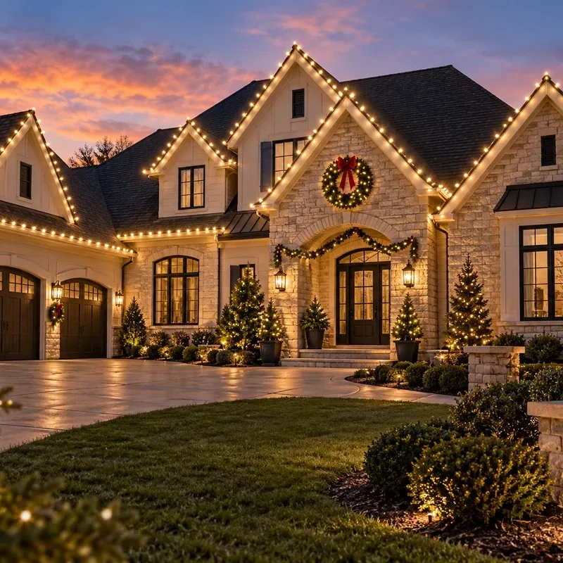 Professional roofline Christmas lighting — multiple peaks and gables