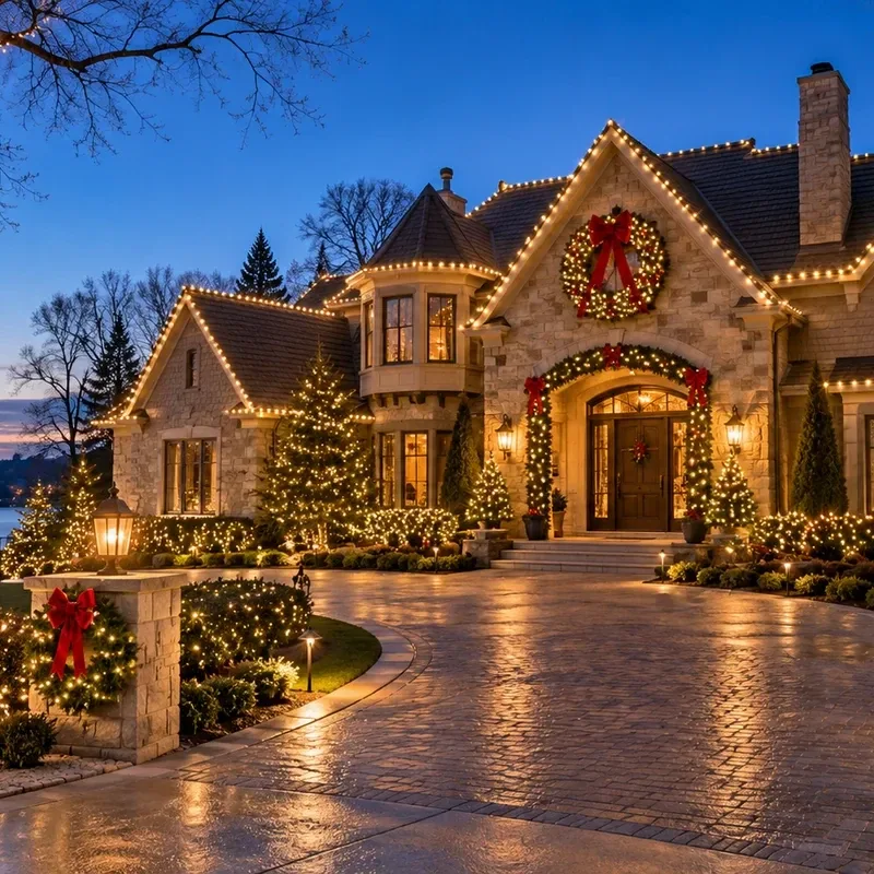 Professionally wrapped mature trees with Christmas lights