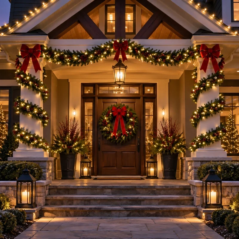 Large Christmas wreath with red bow and garland on front door