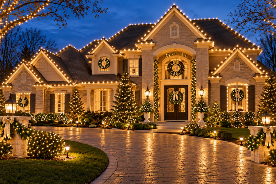 Mature trees professionally wrapped with warm white Christmas lights in tree-lined residential property in Lake Orion Michigan