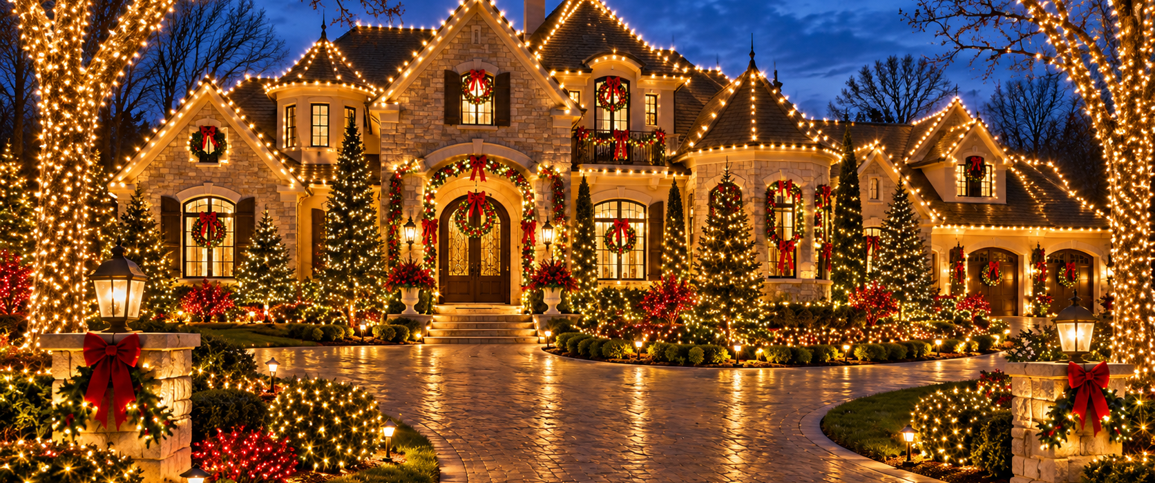 Large residential home with complete full-property professional Christmas light display in Oakland Township Michigan
