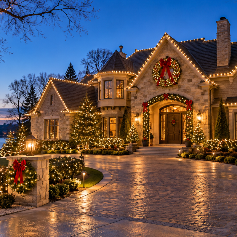 Professionally wrapped trees with Christmas lights