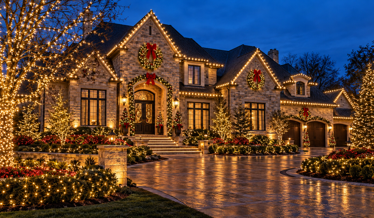 Luxury home with full property coordinated Christmas light display roofline trees landscaping