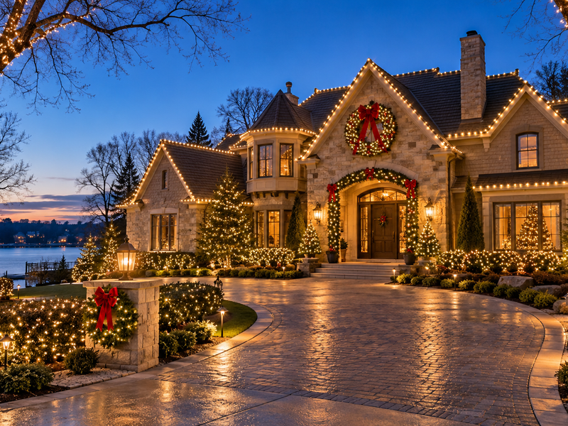 Outdoor trees with trunks and branches wrapped in warm white Christmas lights