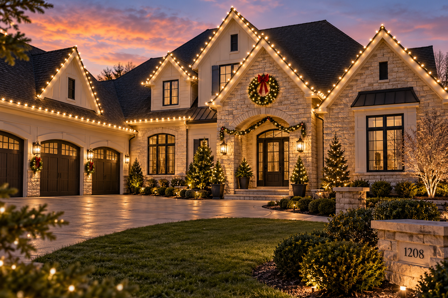 Attractive home with crisp clean roofline and professional Christmas lights
