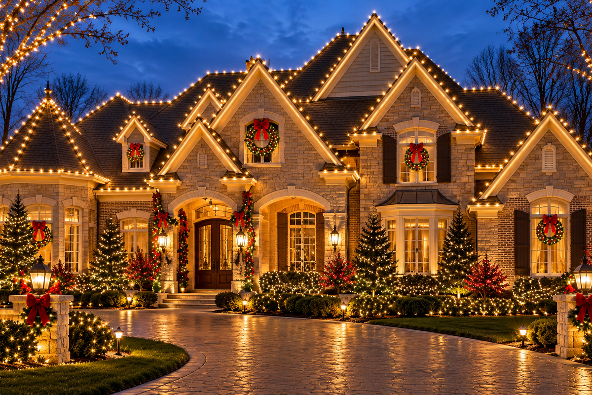 Mature trees professionally wrapped Christmas lights West Bloomfield